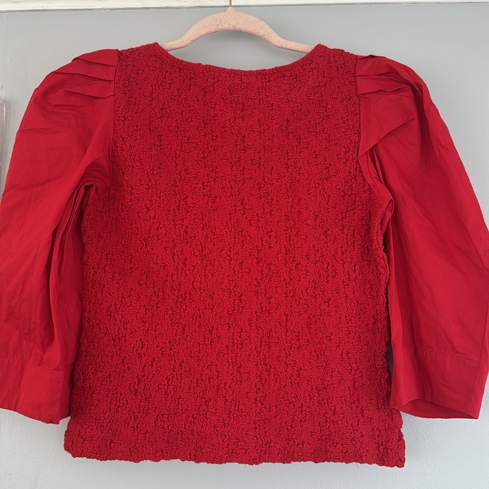 By Anthropologie Smocked Cardigan Top button blouse red M - Picture 5 of 8